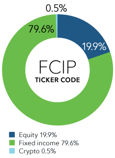 A pie chart showing that Fidelity All-in-One Conservative Income ETF/Fund is 19.9% equity, 79.6% fixed income and 0.5% crypto.
